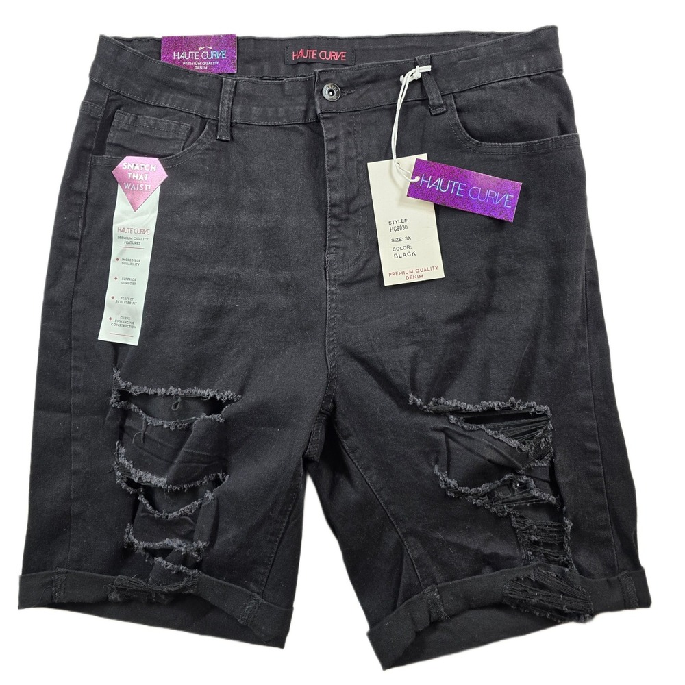 Haute Denim Curve Bermuda Shorts Women 3X Black Distressed High Rise NEW